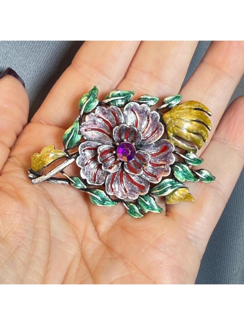 Vintage Flower Brooch Enamel Rhinestone Silver Tone Red Green Statement